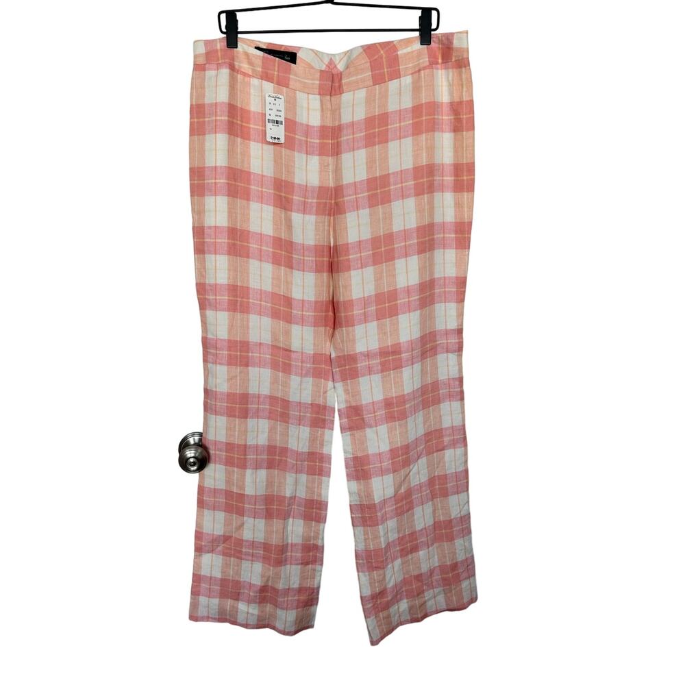 NWT Brooks Brothers Country Club Women's Plaid Linen Pants Pink/Cream Size 14